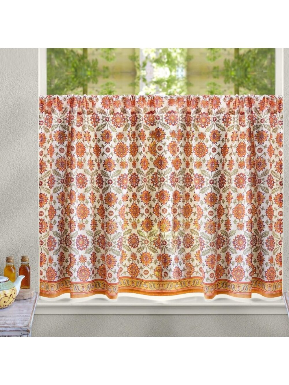 Boho Orange Blossom Cotton Kitchen Curtains for Small Windows, 44x24 Inches